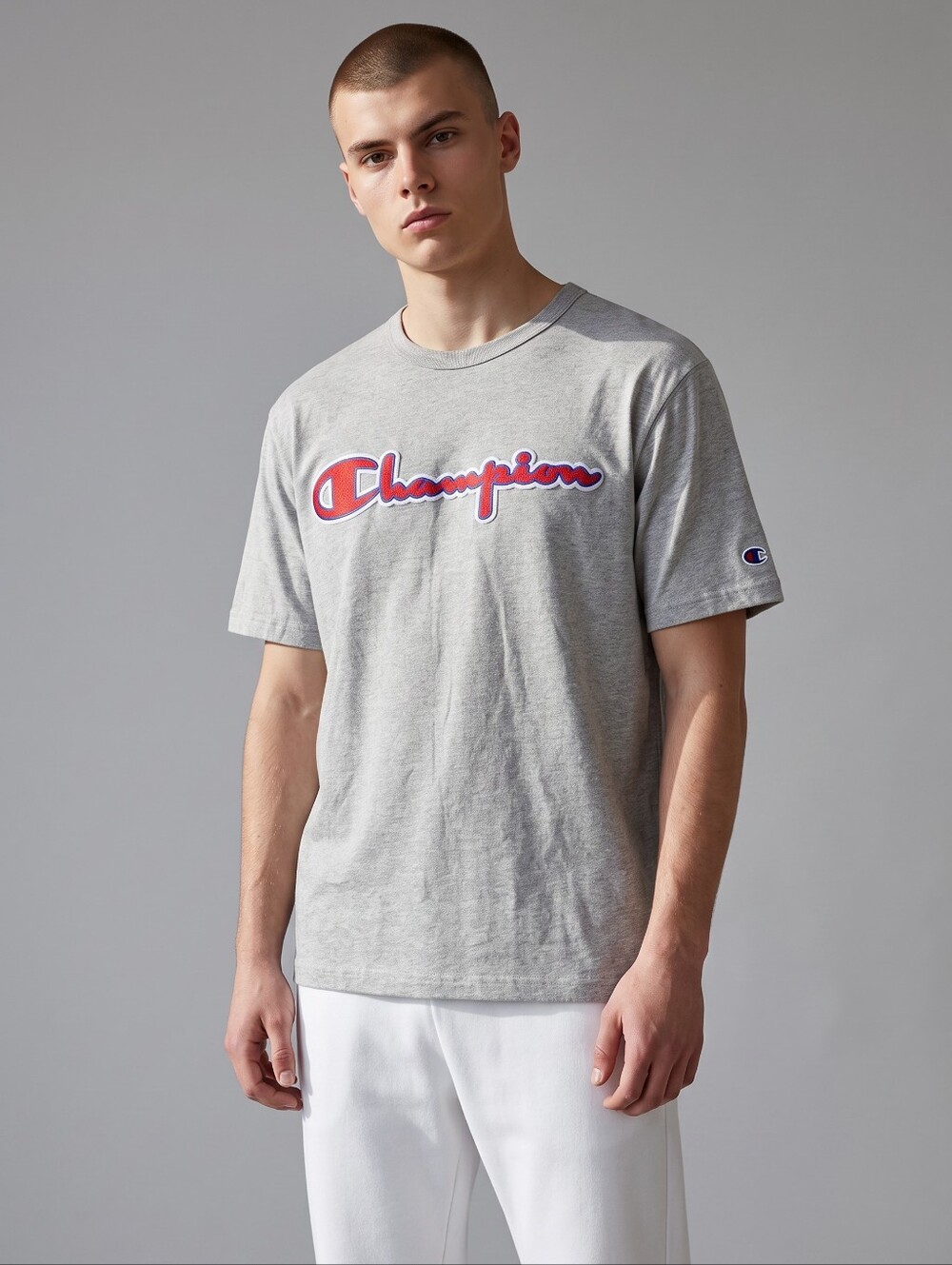 Vintage Champion Gray Short-Sleeve Tee with Red & Blue Embroidered Logo